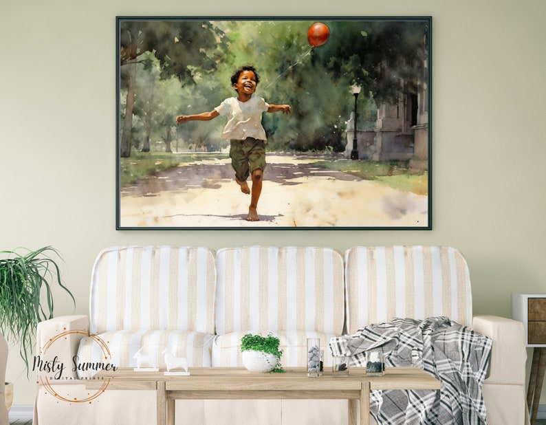 May include: A watercolor painting of a young person running through a park with a red balloon in the air. The person is wearing a white shirt and green shorts. The background is a green park with trees and a path.
