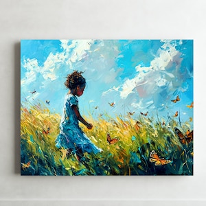 African American Impressionist Print on Canvas of Beautiful African American Art Of Child In Field for Modern Wall Art, Decor or Living Room