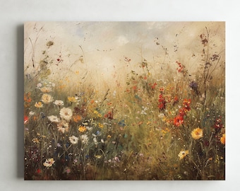 Spring Wildflowers on A Path Original Artwork Digital Print On Canvas Living Room Office Wall Art Antique Retro Style Wall Decor