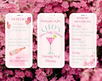 May include: Three pink smartphone screens with a white background. The first screen has the text "THE DETAILS" and includes the address, cost per person, and RSVP information. The second screen has the text "Please join us for... CLEO'S Hens Party Weekend" and includes the date "Saturday 1st of February". The third screen has the text "WEEKEND SHENANIGANS" and includes a schedule of events for a weekend party.
