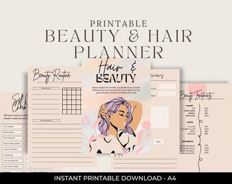 May include: Printable Beauty & Hair Planner with pages for beauty routines, hair and beauty reviews, and beauty treatments. The central page features a woman with purple hair. The text "Hair & Beauty" is displayed.