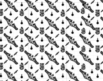 May include: A repeating pattern featuring black and white nautical-themed elements. The design includes silhouettes of a ship, anchor, and a stylized emblem with the letters "USN". The background is a grid of white lines.