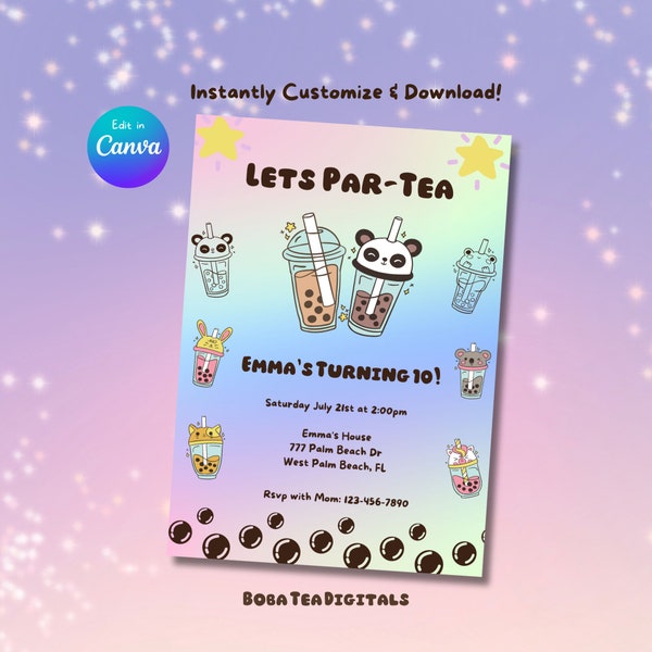 Let's Par-Tea Bubble Tea Birthday Invitation, Editable Boba Birthday Invitation, Milk Tea Birthday Party, Kawaii Birthday, Instant Download