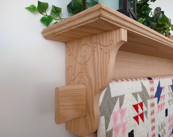 Oak Quilt Display Shelf - Many Size & Color Options - Wood Carving - Quilters Gift