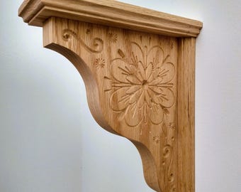 Solid Oak Corbel | Carved Floral Shelf Bracket, American Made Home Decor