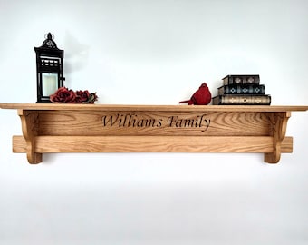 Personalized Solid Oak Quilt Display Shelf Carved with Family Name 48 inchs