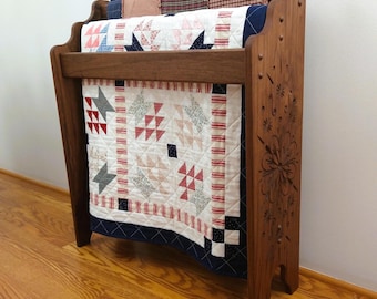 Handcrafted Walnut Quilt Rack | Floral Burst Wood Carving | Blanket Display Stand