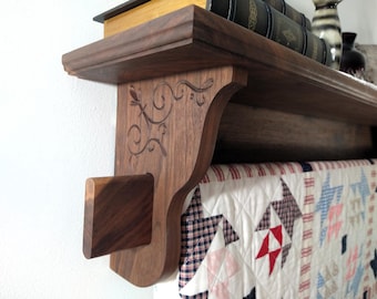 Solid Walnut Quilt Display Shelf with Carved Brackets, Tapestry Hanger