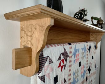 American Made Cherry Quilt Display Shelf with Wood Carving, Tapestry, Afghan Hanger