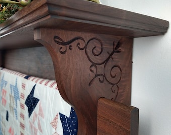 Solid Walnut Quilt Display Shelf with Carved Brackets, Tapestry Hanger