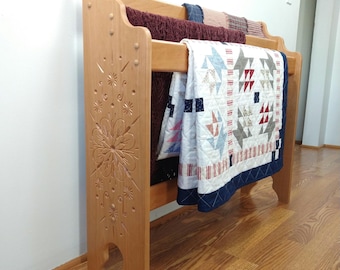 Handcrafted Cherry Quilt Rack | Floral Burst Wood Carving | Afghan Display Stand