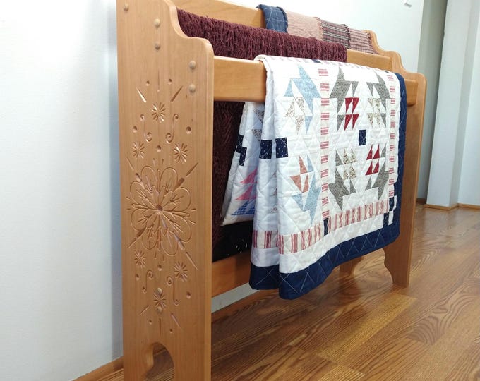 Handcrafted Cherry Quilt Rack | Floral Burst Wood Carving | Afghan Display Stand