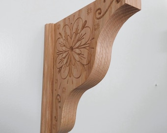 Solid Oak Shelf Bracket - Double Sided Flower Burst Wood Carving 9.875" x  7.750" American Made