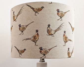 Handmade fabric drum lampshade in rustic pheasant print, BEIGE, 20cm or 30cm