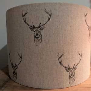 Country stag, a handmade fabric drum lampshade in a rustic deer print, available in sizes 15cm 20cm 25cm 30cm