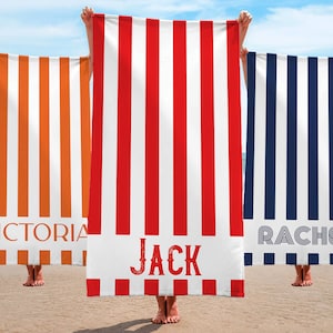 Striped Personalized Name Beach Towels, Custom Name Beach Towel Christmas Anniversary Birthday Bach Trip Gift for Mom kids husband wife