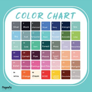 May include: A color chart with 42 color swatches, each labeled with a number and a color name. Colors range from silver to ice grey, including shades like navy, mint, and flamingo. The text "COLOR CHART" is at the top.