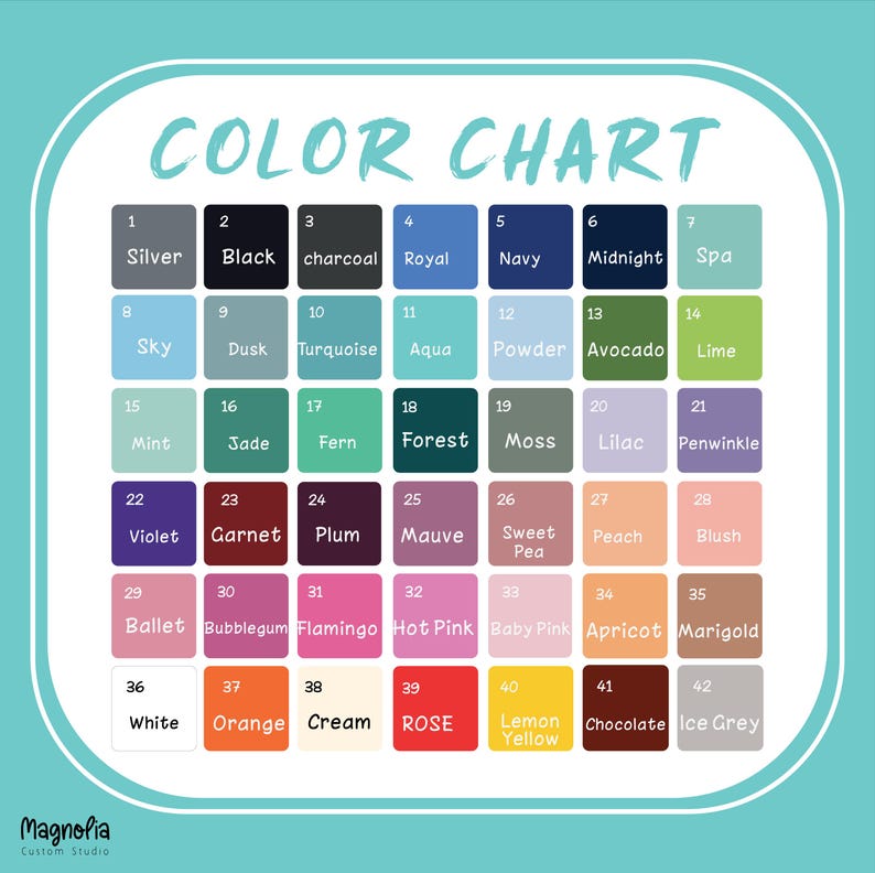 May include: A color chart with 42 color swatches, each labeled with a number and a color name. Colors range from silver to ice grey, including shades like navy, mint, and flamingo. The text "COLOR CHART" is at the top.