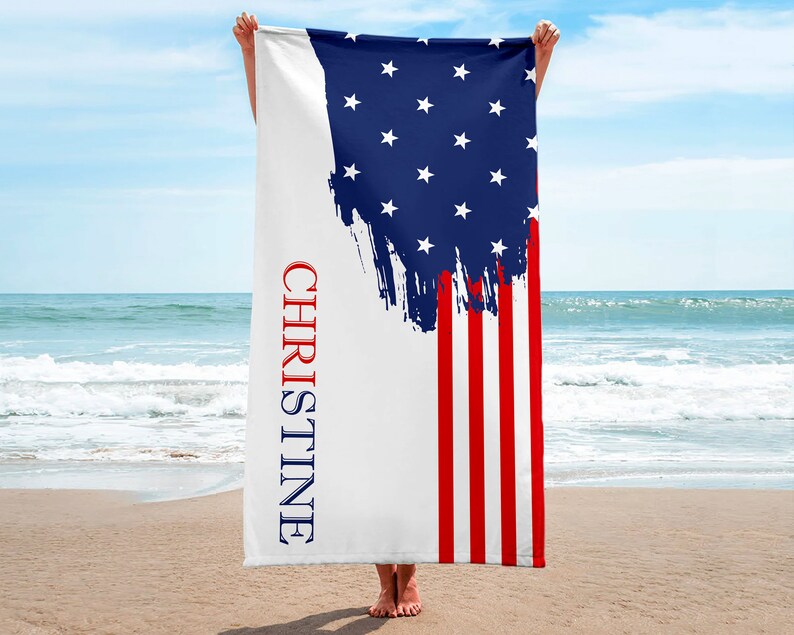 USA Flag Custom Name Beach Towel Personalized Happy Etsy