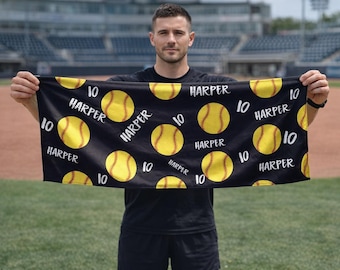 Toalla refrescante personalizada para equipo de sóftbol, con nombre y número personalizados, regalo para el equipo, tamaño 30 x 80 cm, 250 g/m², toalla deportiva personalizada para rally.