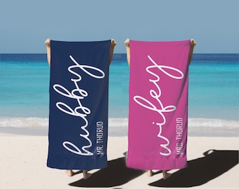 Personalized Wifey & Hubby Beach Towel Set: Cotton Couple Gift