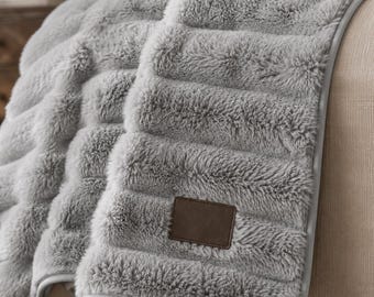 Luxurious Faux Rabbit Fur Blanke:Personalized Faux Fur Blanket, Custom Engraved Patch, Monogram Logo, Rabbit Fur Throw