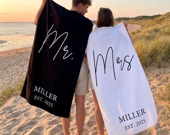 Personalized Mr & Mrs Beach Towel Set – Custom Wedding Gift