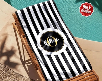 Personalized Retro Stripe Beach Towel: Custom Name, Soft Cotton Blend