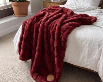 Luxurious Faux Rabbit Fur Blanke:Personalized Double Sided Faux Rabbit Fur Blanket,Fur Blanket with Laser Engraved Patch,Red Fur Blanket