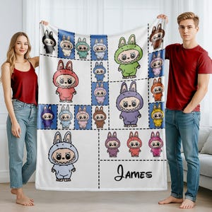Personalized Labubu Blanket,Blue and Pink Cozy Throw for Kids,Personalized Nursery Gift,Soft Baby Blanket for Girls,Christmas Family Present