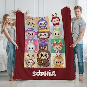 Custom Labubu Blanket With Cute Labubu characters , Personalized Labubu Blanket with name,Kawaii Blanket For Kids,Girls Gift,Pink Blue Throw