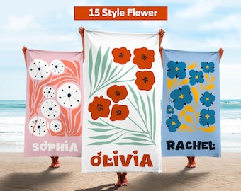 Personalized Floral Beach Towel: Custom Name Gift, Summer Vacation