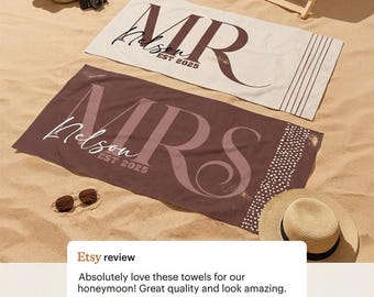 Toalla de playa personalizada para pareja: regalo de luna de miel personalizado para el Sr. y la Sra.
