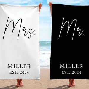 Mrs and Mr Custom Name Beach Towels for Honeymoon Just Married Personalized Gift for Wedding Newlyweds Couple Towel Husband Wife Beach Towel