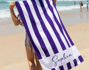 Toalla de playa a rayas personalizada con nombre personalizado, toalla con monograma, toalla de playa para niños o novias, regalo para el verano o las mamás