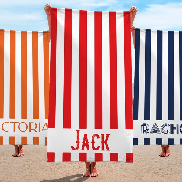 Striped Personalized Name Beach Towels, Custom Name Beach Towel Christmas Anniversary Birthday Bach Trip Gift for Mom kids husband wife
