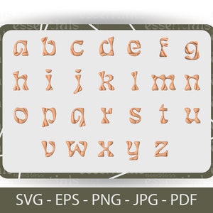 May include: A set of 26 alphabet letters in a stylized, organic font. The letters are a light peach color and have a 3D effect. The letters are arranged in alphabetical order in four rows.