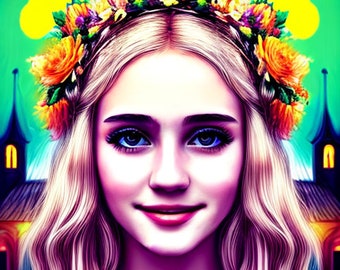 Midsummer night girl with flower crown digital photography for any use
