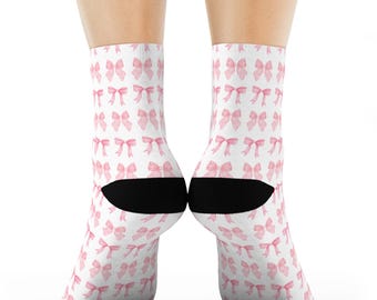 Pink Bow Crew Socks, Ankle, 3/4, Classic Crew Length Styles