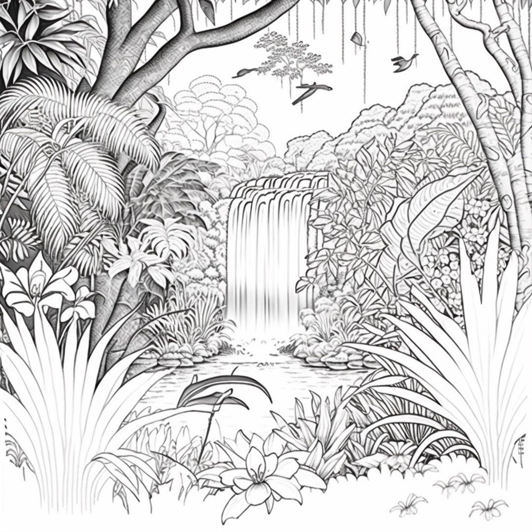 Free Adult Coloring Sheet Outline Practice Sheets For Watercolors -  Jungle/Forest Rolling Hills