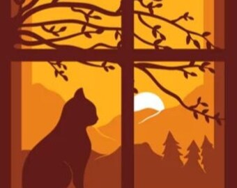 Gato de ventana en papel recortado en 3D en capas