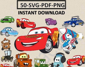 Puede incluir: Una colección de 50 imágenes de clipart digital que presentan varios coches de dibujos animados de la película Cars de Disney Pixar. Las imágenes incluyen coches rojos, azules, verdes, amarillos y naranjas. Las imágenes están en formato SVG, PDF y PNG. El texto "50-SVG-PDF-PNG" y "INSTANT DOWNLOAD" está en la parte superior de la imagen.