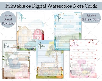 Printable Note Pad, Printable Memo, Digital Stationary, Lined Notepad, Digital Prints, Digital Paper, Watercolor Note Card, Writing Paper A6