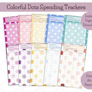 Op de afbeelding: Printbare uitgaven-trackerbladen met kleurrijke stippenpatronen. De bladen zijn geëtiketteerd met "Categorie: Startbalans:" en hebben kolommen voor datum, beschrijving, bedrag en saldo. De bladen zijn verkrijgbaar in de formaten A6 en persoonlijk.