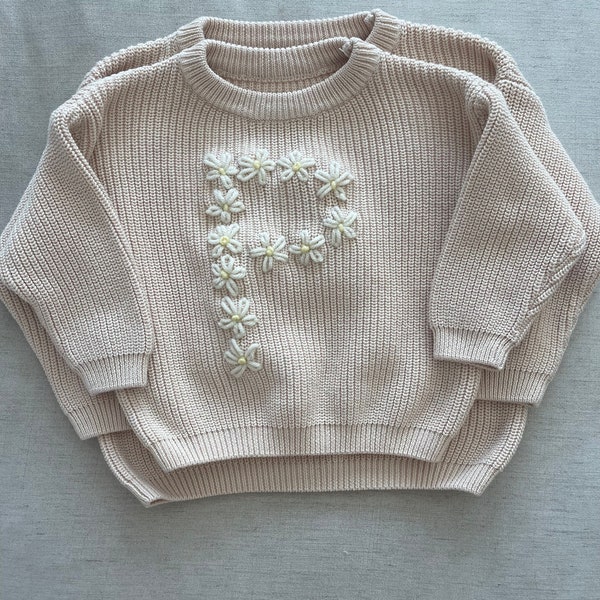 Custom Hand Embroidered Kids/Toddler/Baby Sweater | Embroidered Flower Initial Sweater | Personalized Daisy Sweater | Flower Girl Sweater