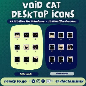 May include: A promotional image for "Void Cat Desktop Icons" featuring a collection of black cat icons in light and dark modes. The icons are designed for Windows and Mac, with 13 ICO and 13 PNG files available. The image includes social media handles.