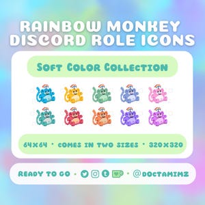May include: A set of eight pixel art monkey Discord role icons. Each monkey is wearing a rainbow and sitting on a cloud. The monkeys are in different colors: blue, yellow, green, light blue, orange, red, purple, and pink. The text "64x64 - COMES IN TWO SIZES - 320x320" is below the icons. The text "READY TO GO - @DOCTAMIMZ" is below the size information.