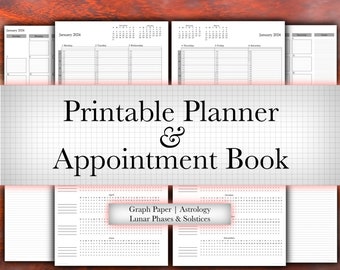 2024 Printable Appointment Book | Lunar/Solstices/Astrology | Calendar, To Do, Monthly Goals, Habit Tracker, Graph Paper | Digital Download