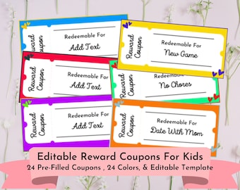 Kid's Reward Coupons - Printable & Canva Customizable/Use as Love Coupons, Printable Activity Tickets, Reward Coupons, Teacher Coupons