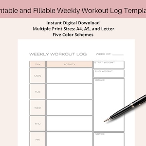 Weekly Workout Planner - Printable & PDF Fillable/Use as a Printable or Digital Fitness Planner or a Workout Tracker